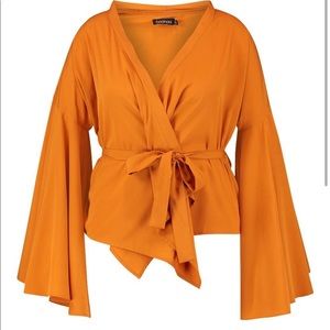 Orange/Tan Wide Sleeve Wrap Blouse